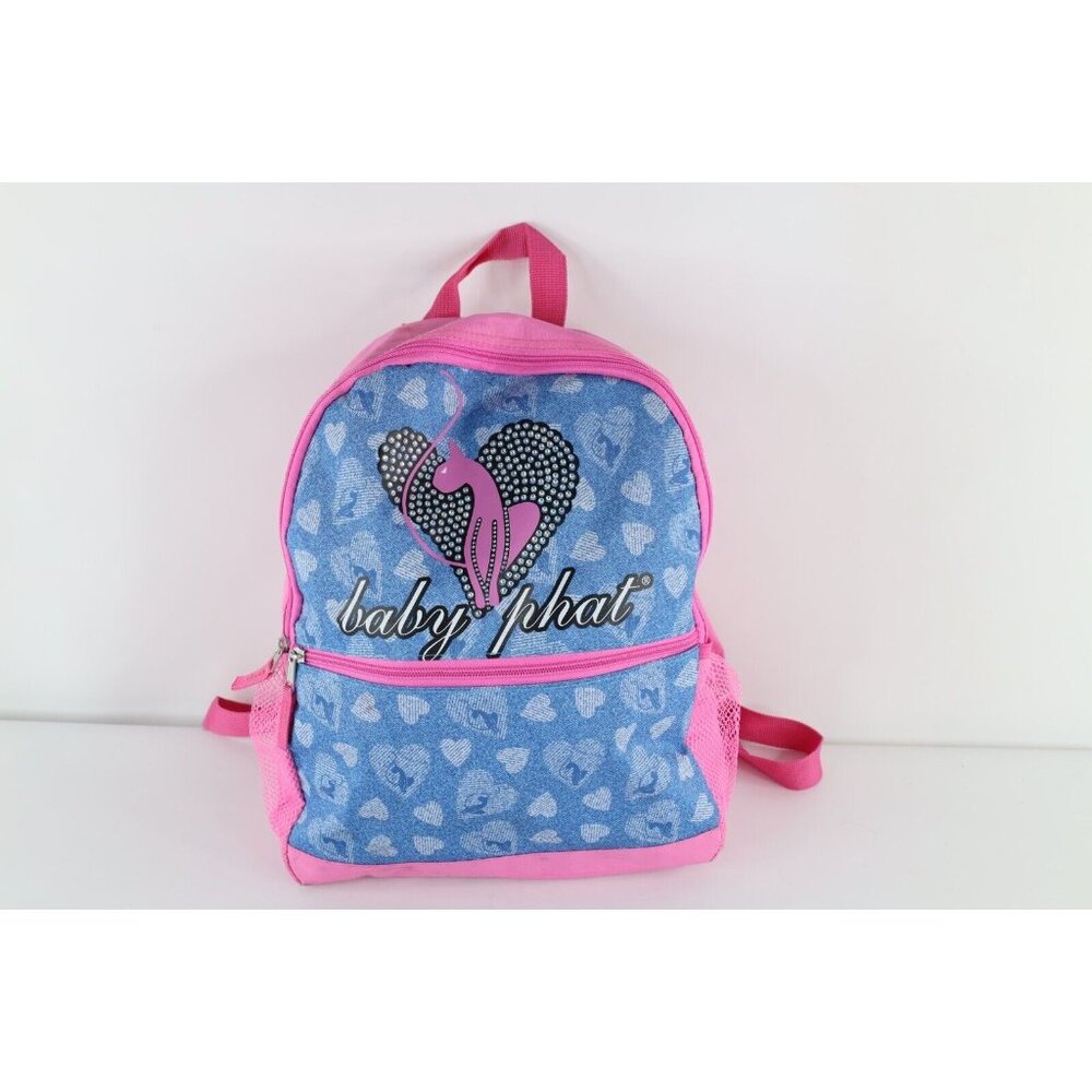 Vintage Baby Phat Distressed Spell Out Cat Heart Backpack Book Bag Carry On Pink